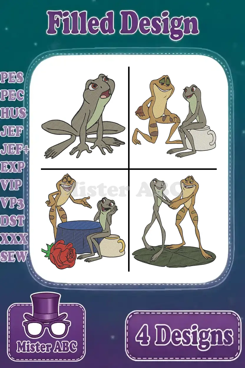 A vibrant compilation of four filled embroidery designs featuring charming frog characters from a beloved fairy tale.
