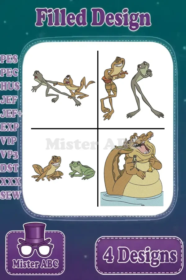 A vibrant collection of four filled embroidery designs featuring Tiana and Naveen as frogs, and Louis the alligator.