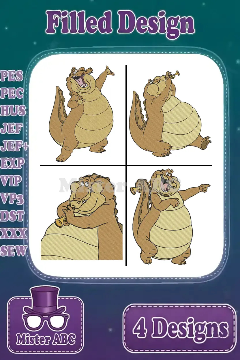 A collection of four animated Louis the Alligator filled embroidery designs in various musical poses, ready for stitching.