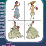 Disney Princess And Frog Tiana Blue And Green Gowns Hat Elegant Princess Collection - Filled Embroidery Design - Instant Download