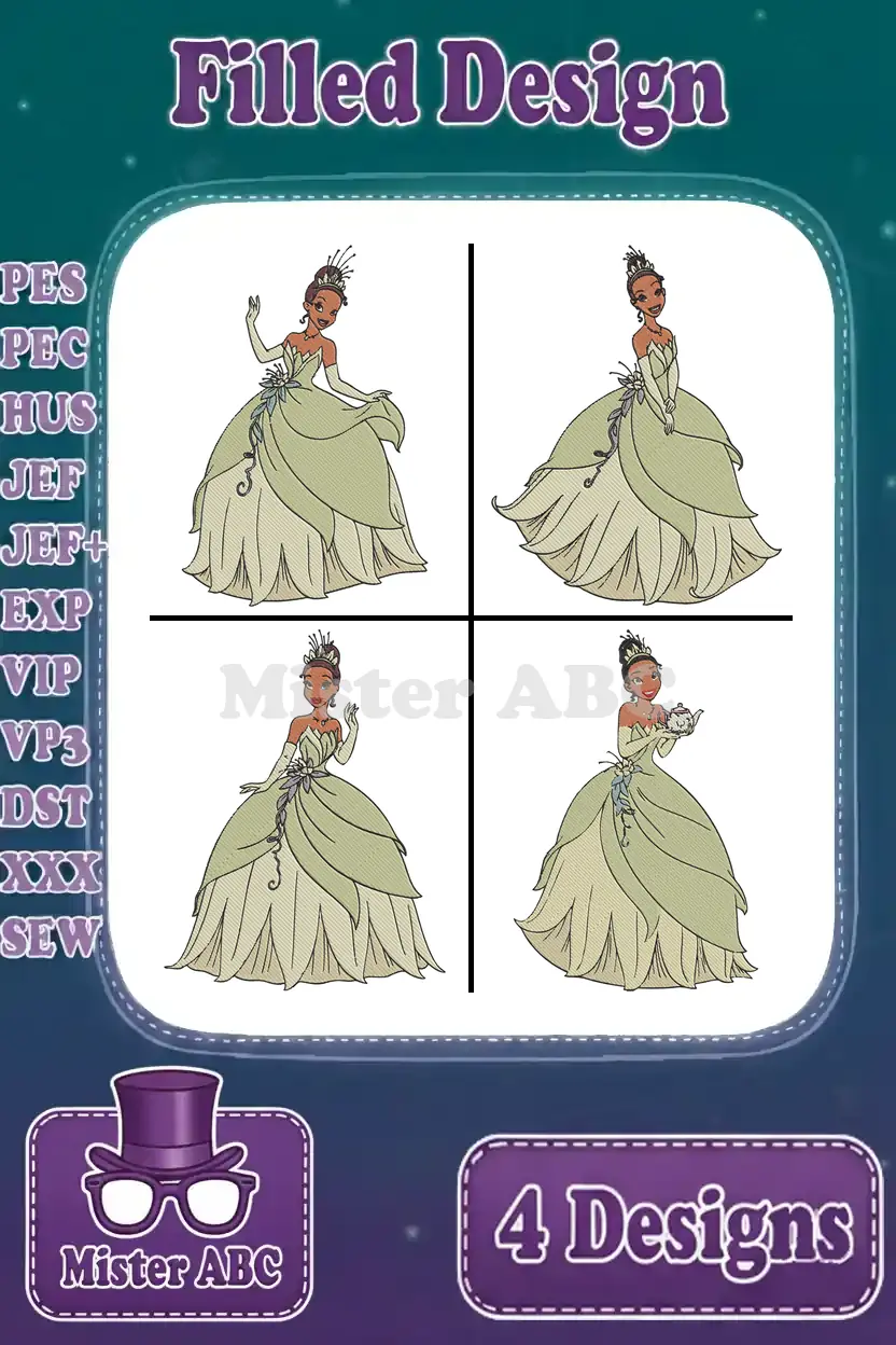 A vibrant main image displaying a bundle of four distinct Princess Tiana filled embroidery designs, ready for stitching.