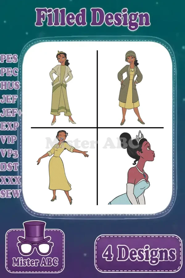 Explore a captivating bundle of four Princess Tiana filled embroidery designs, showcasing her iconic looks and various poses. Perfect for Disney fans.