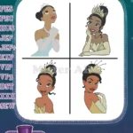 Disney Princess And Frog Tiana Close Up Portraits Blue Gloves Crown Thoughtful Bundle - Filled Embroidery Design - Instant Download