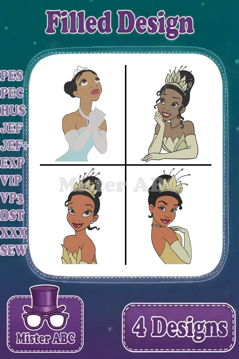 A vibrant main image showcasing four distinct filled embroidery designs of Princess Tiana in various elegant poses.