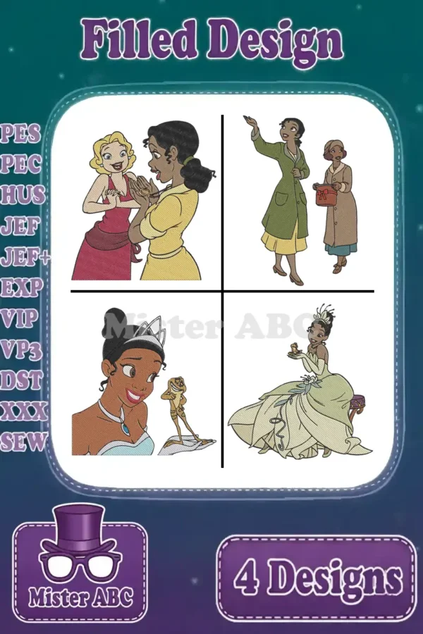 A vibrant collage of four Princess Tiana filled embroidery designs from The Princess and the Frog, ready for stitching.