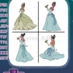 Disney Princess And Frog Tiana Green And Blue Gowns Elegant Princess Poses - Filled Embroidery Design - Instant Download