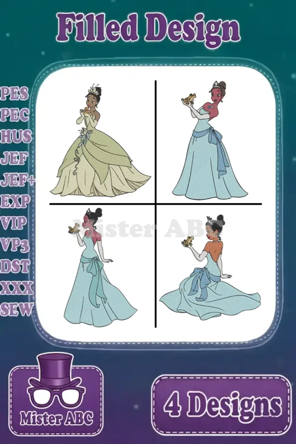 A vibrant main image showcasing four distinct Princess Tiana filled embroidery designs in various poses and dresses. Includes supported file formats.