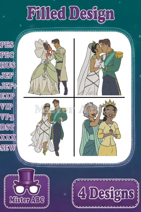 Four charming filled embroidery designs depicting Princess Tiana and Prince Naveen in various wedding and royal poses.