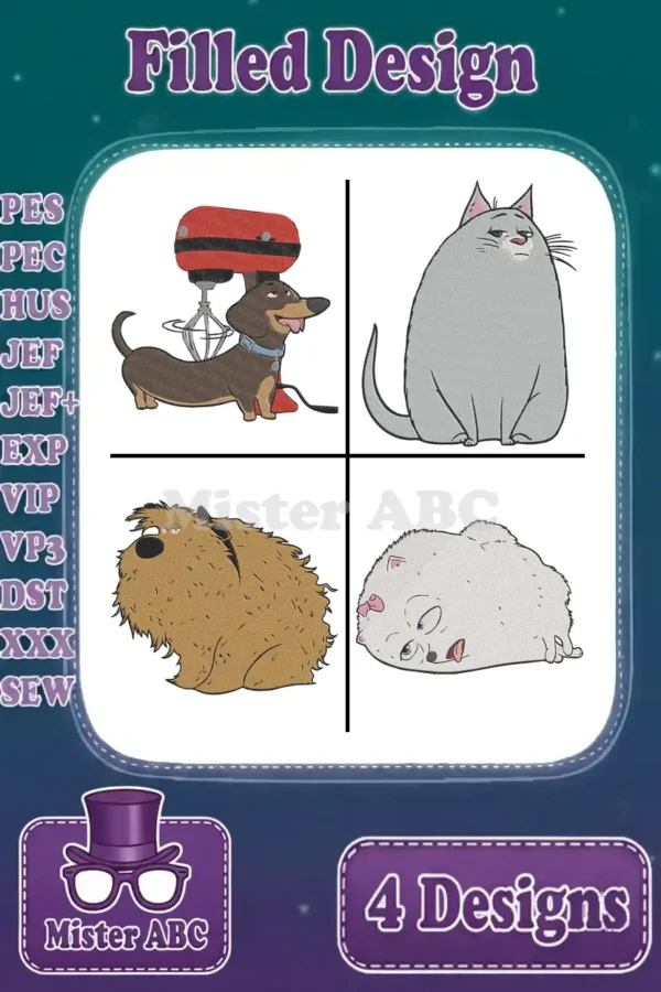 Four vibrant filled embroidery designs: Buddy with a mixer, Chloe the cat, Duke the dog, and Gidget the fluffy cat.
