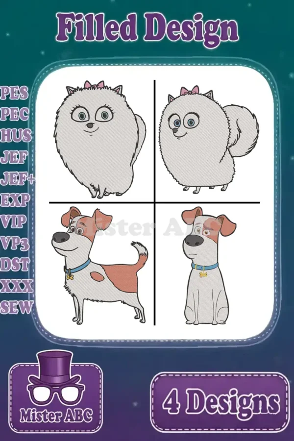 A vibrant collage of four filled embroidery designs featuring Gidget and Max from Secret Life of Pets, with file formats listed.