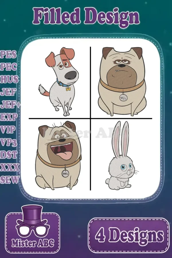 A vibrant digital embroidery design bundle featuring four popular animated pet characters, ready for crafting projects.