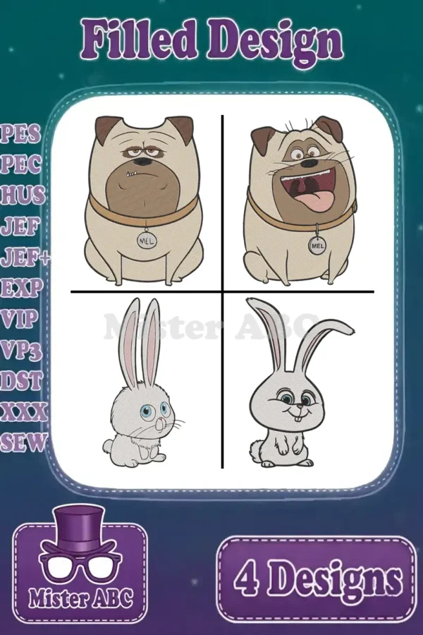 Four filled embroidery designs featuring Mel the pug and Snowball the rabbit from Secret Life of Pets, showcasing different expressions.