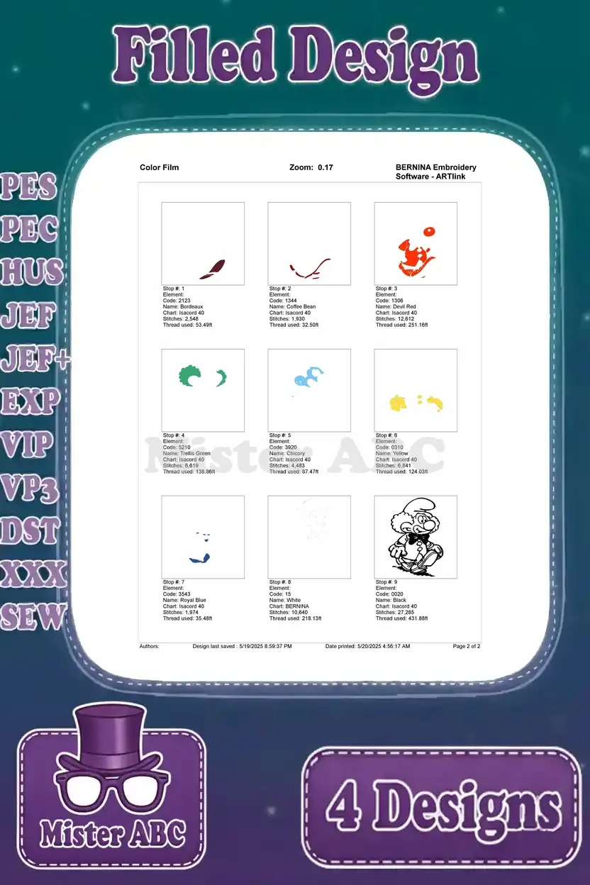 Color film sequence for the Smurf clown embroidery, detailing the application order of all vibrant thread colors.