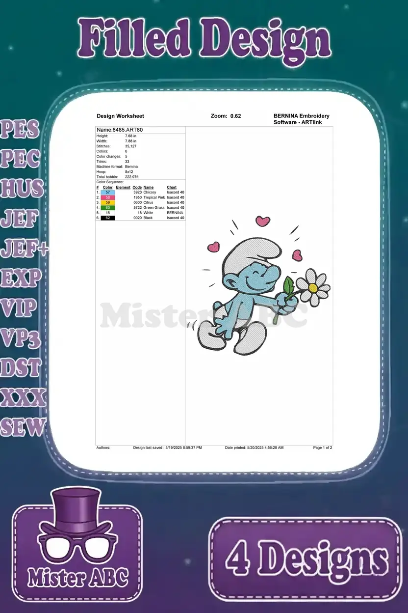 Design worksheet for the Smurf holding a flower embroidery, showing stitch details, color codes, and dimensions clearly.