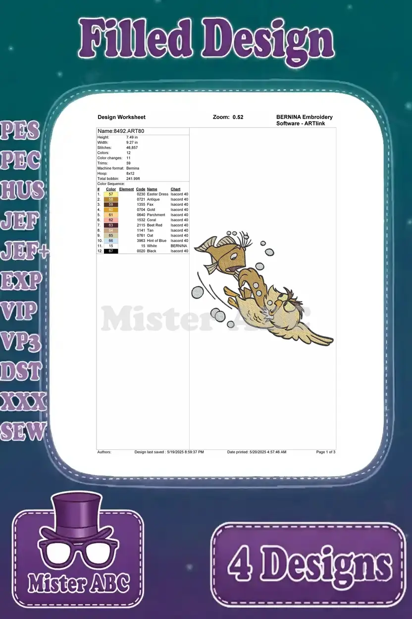 Technical design worksheet for Wart as a fish being chased, detailing stitch count, colors, and dimensions.