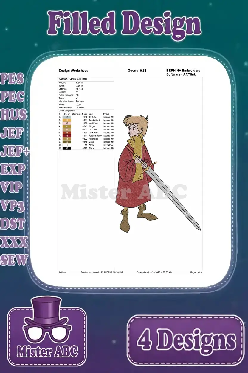Design worksheet for Wart standing with the Sword in the Stone, detailing stitch count, colors, and size.