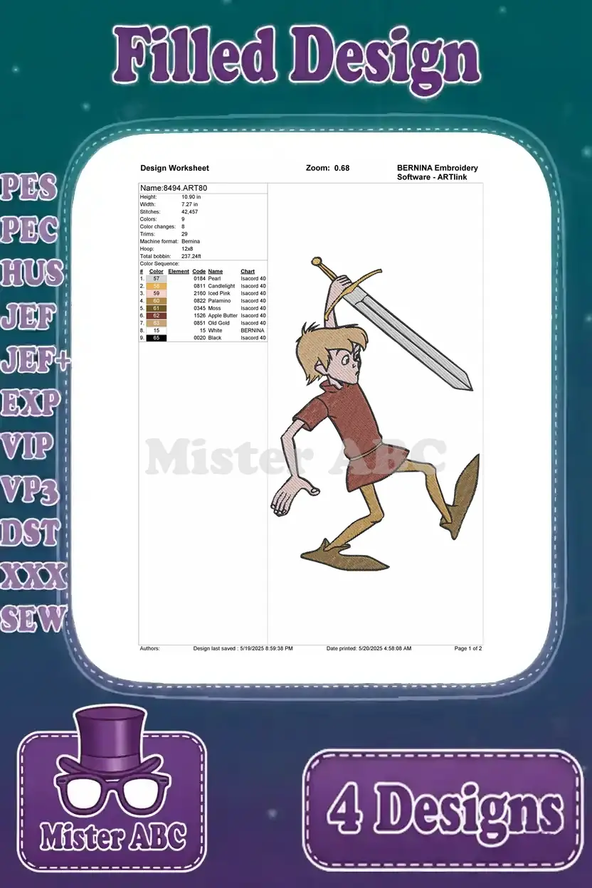 Design worksheet for Wart running with the Sword in the Stone, detailing stitch count, colors, and size.