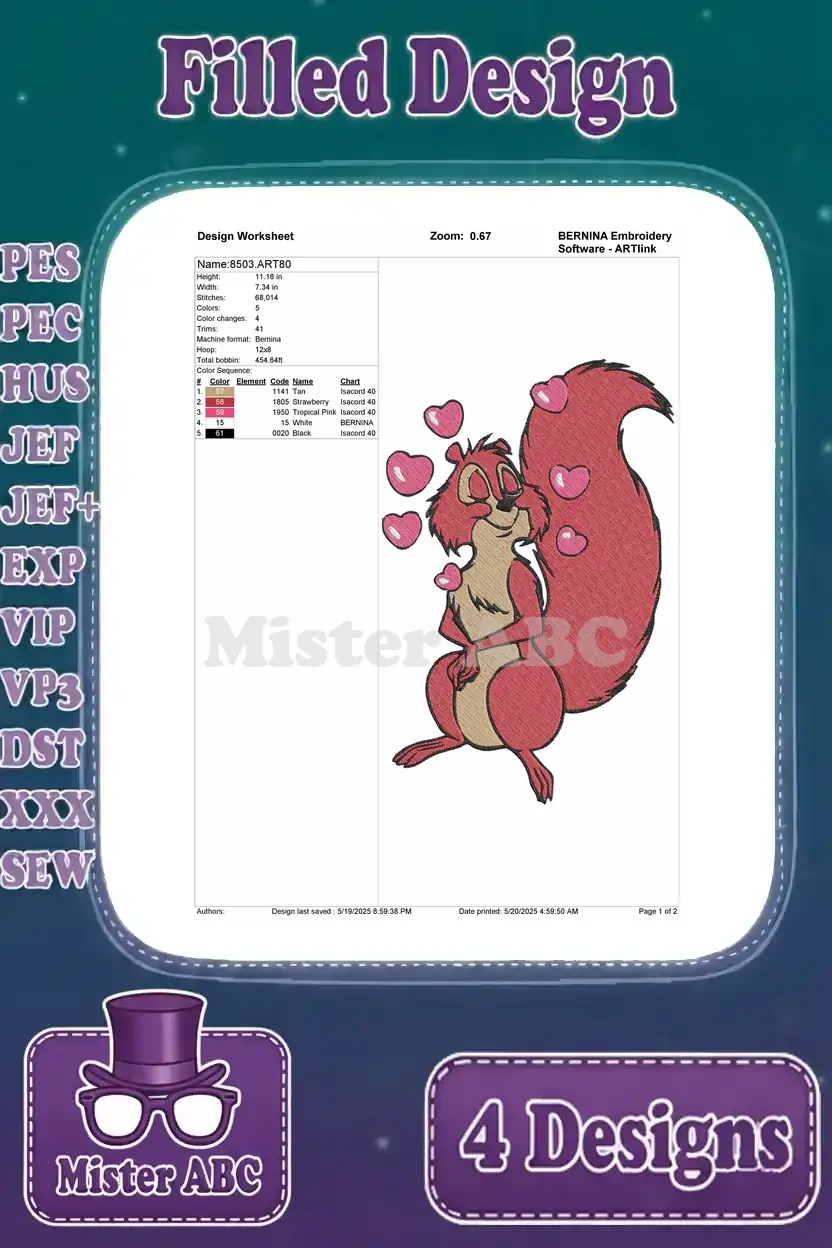 Design worksheet for a filled embroidery design featuring a loving red squirrel surrounded by hearts, detailing stitch count, colors, and hoop size.