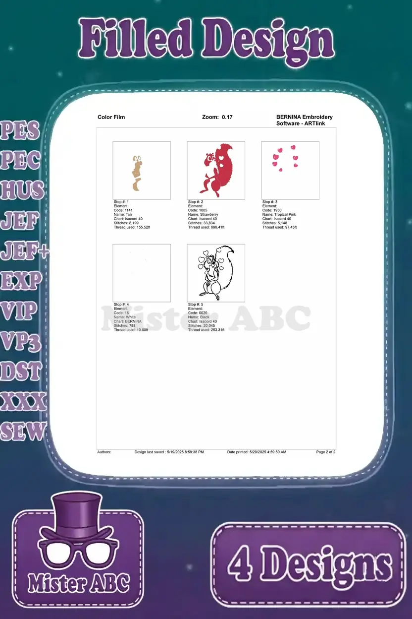 Color film breakdown for the loving squirrel embroidery design, illustrating the stitch sequence for each color section of the animated character.