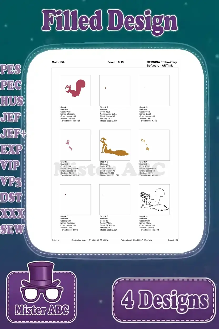 Color film breakdown for the cuddling squirrels embroidery design, showing the precise stitch sequence for each color application of the duo.