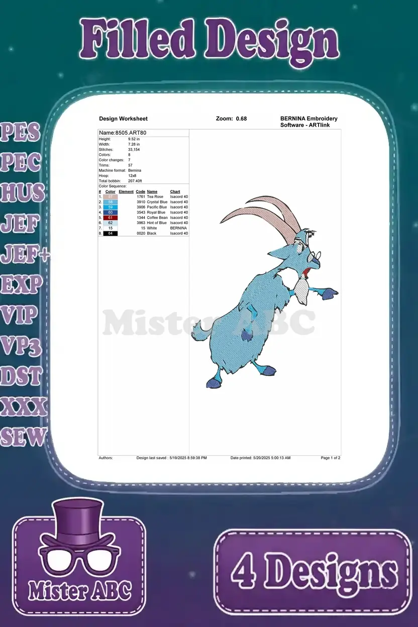 Design worksheet for a filled embroidery design of a playful blue goat, providing stitch count, color specifications, and hoop requirements.