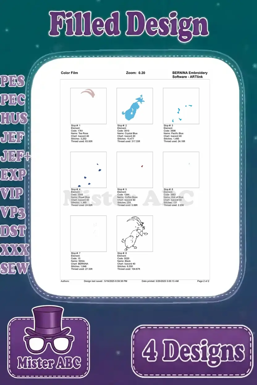Color film breakdown for the playful blue goat embroidery design, displaying the visual stitch sequence for each color segment of the character.