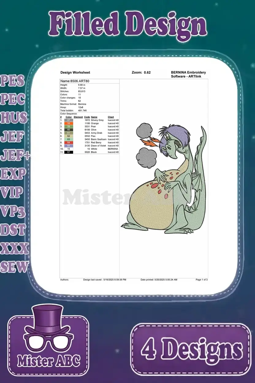 Design worksheet for a filled embroidery design of a green dragon breathing smoke, detailing stitch count, color palette, and hoop size.