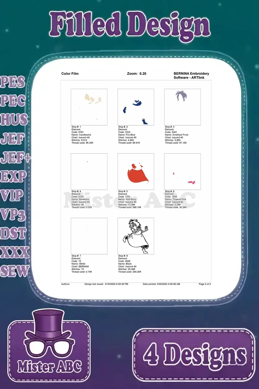 Detailed color film for the dancing Madame Mim embroidery, visually breaking down each stitch layer and thread application.