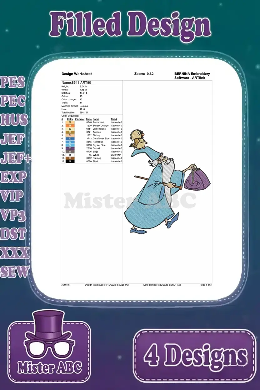 Design worksheet for Merlin and Archimedes embroidery, detailing stitch count, color changes, and thread sequence.