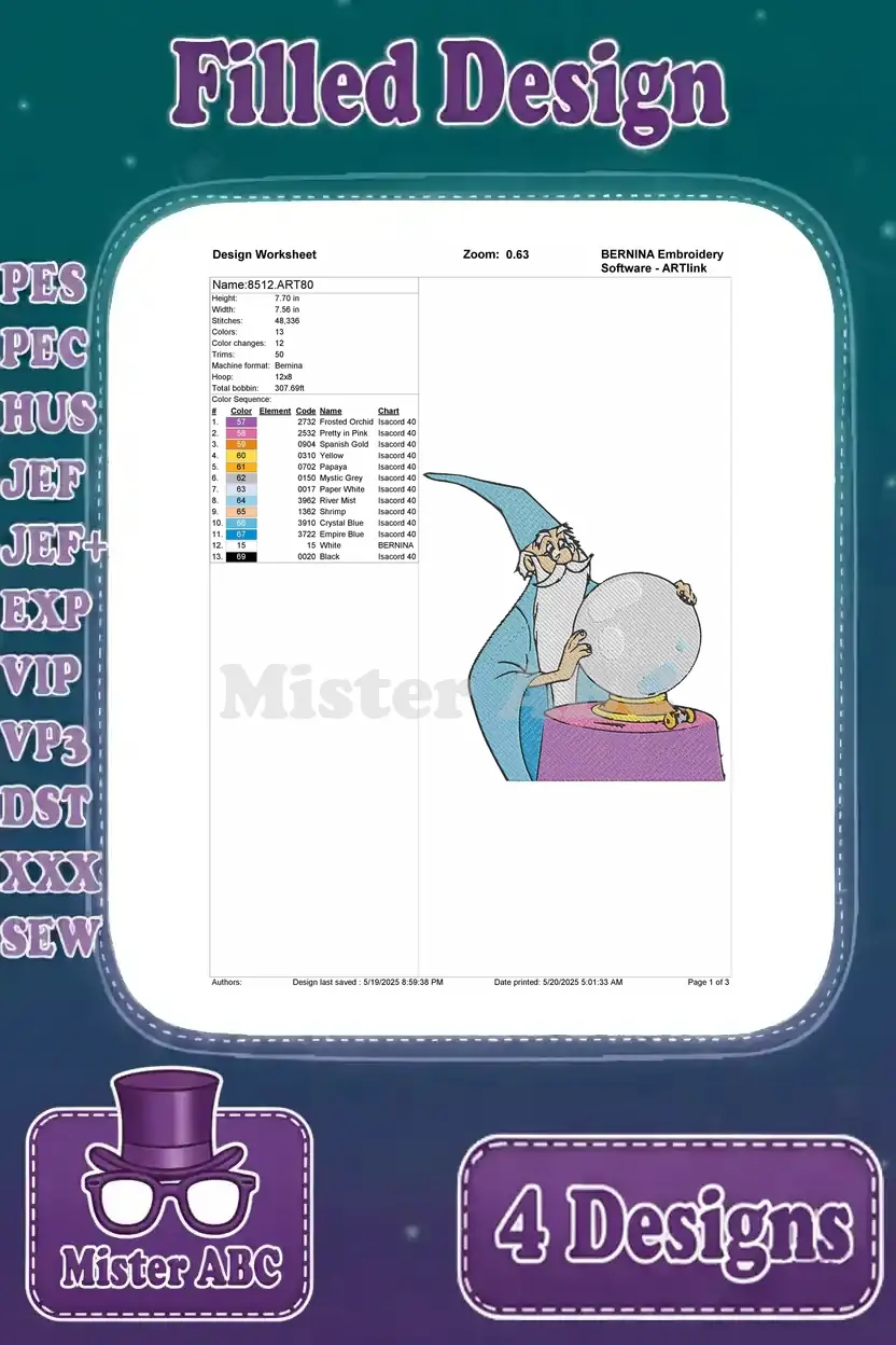 Design worksheet for Merlin gazing into a crystal ball, detailing stitch count, color changes, and thread sequence.