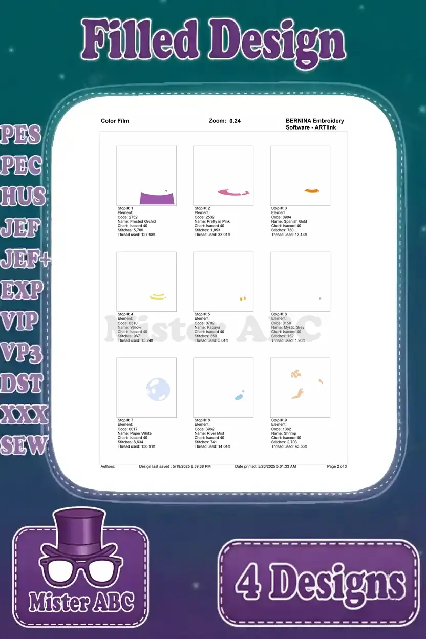 First page of the color film for Merlin with crystal ball, showing initial embroidery stitch sequences and colors.