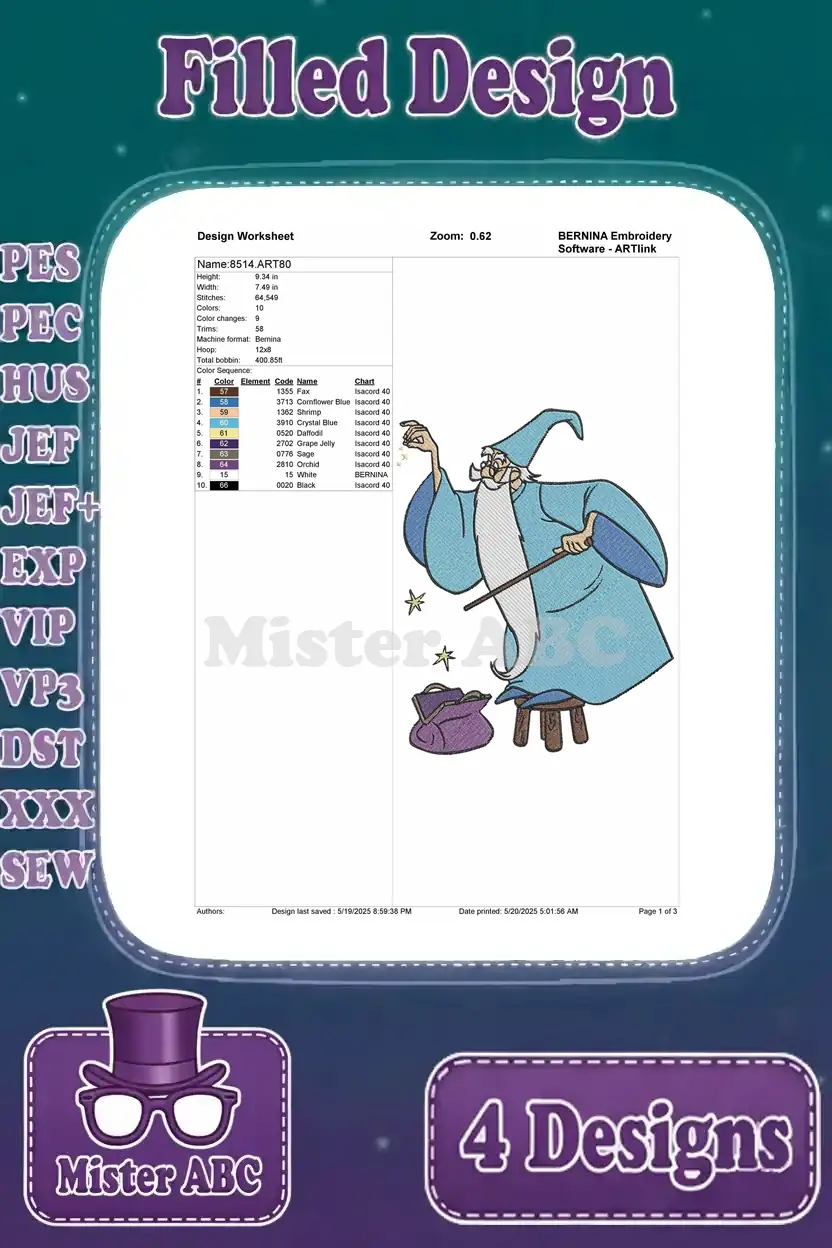 Design worksheet for Merlin conjuring magic, detailing stitch count, color changes, and thread sequence.