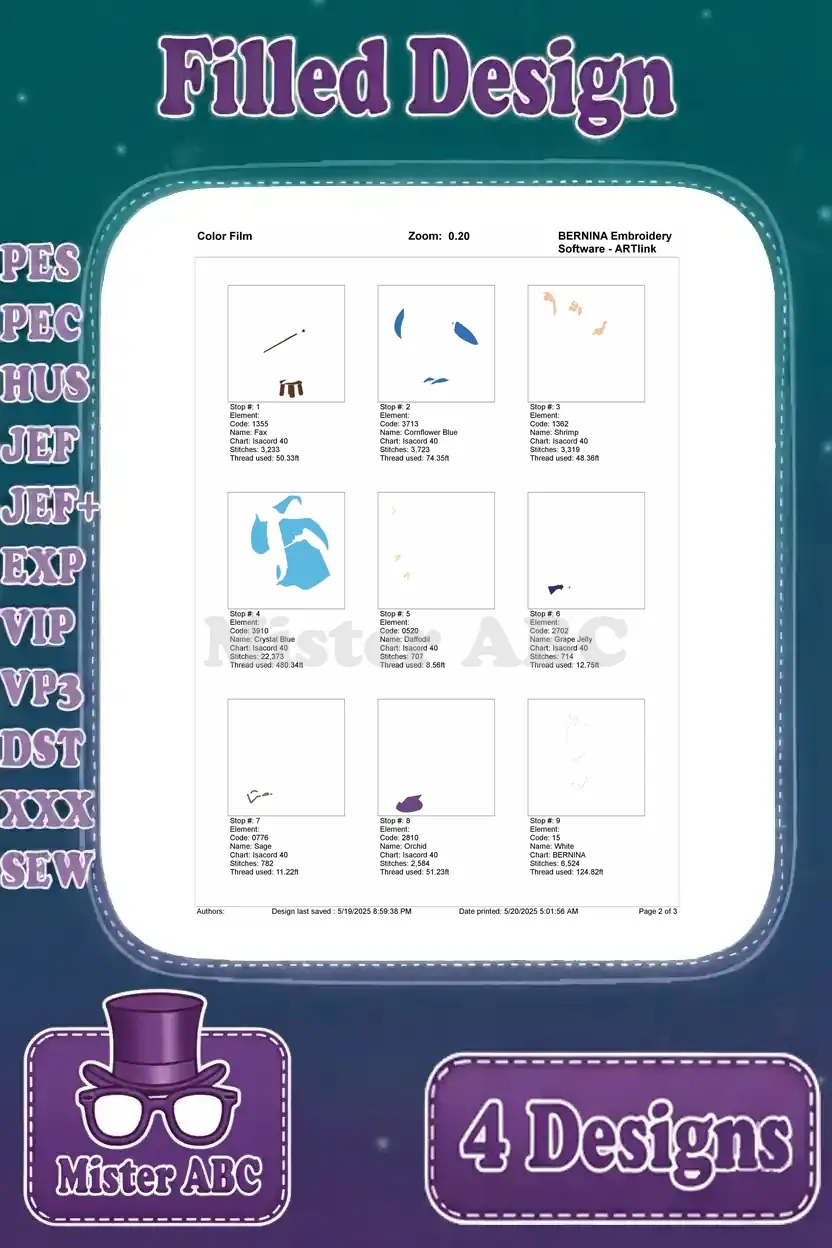 First page of the color film for Merlin conjuring, showing initial embroidery stitch sequences and colors.