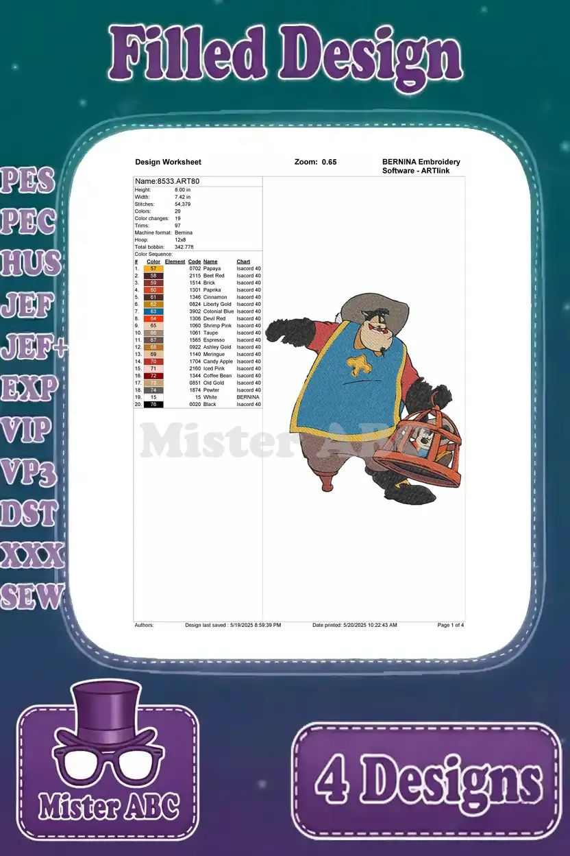 Detailed design worksheet for the Pete embroidery design holding a cage, showing stitch count, colors, and sequence.
