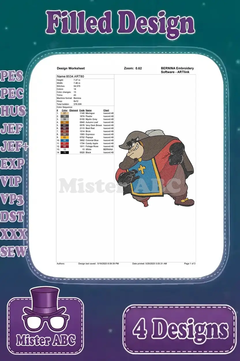 Detailed design worksheet for the Pete embroidery design with arms crossed, showing stitch count, colors, and sequence.