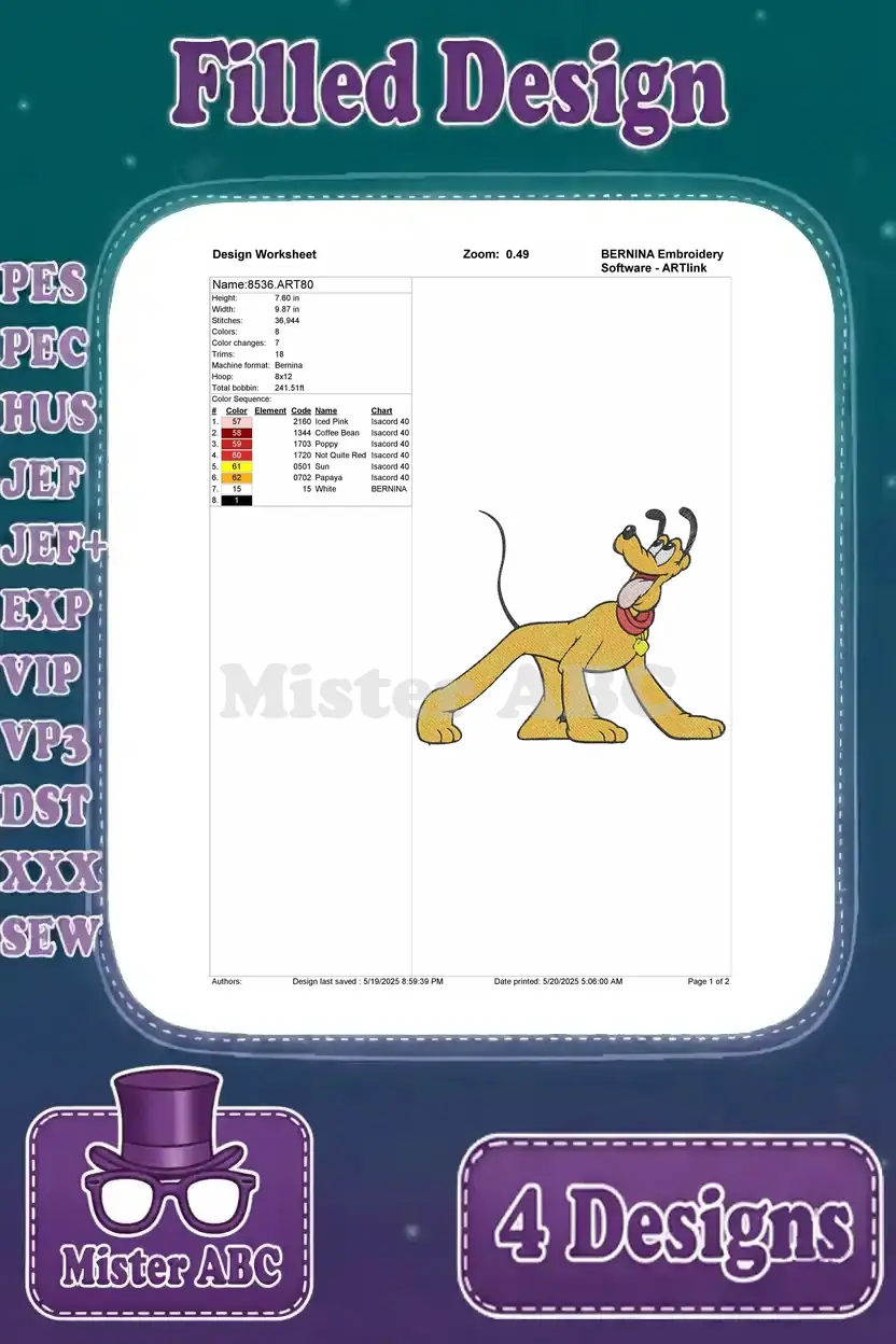 Detailed design worksheet for the playful Pluto embroidery design, showing stitch count, colors, and sequence.
