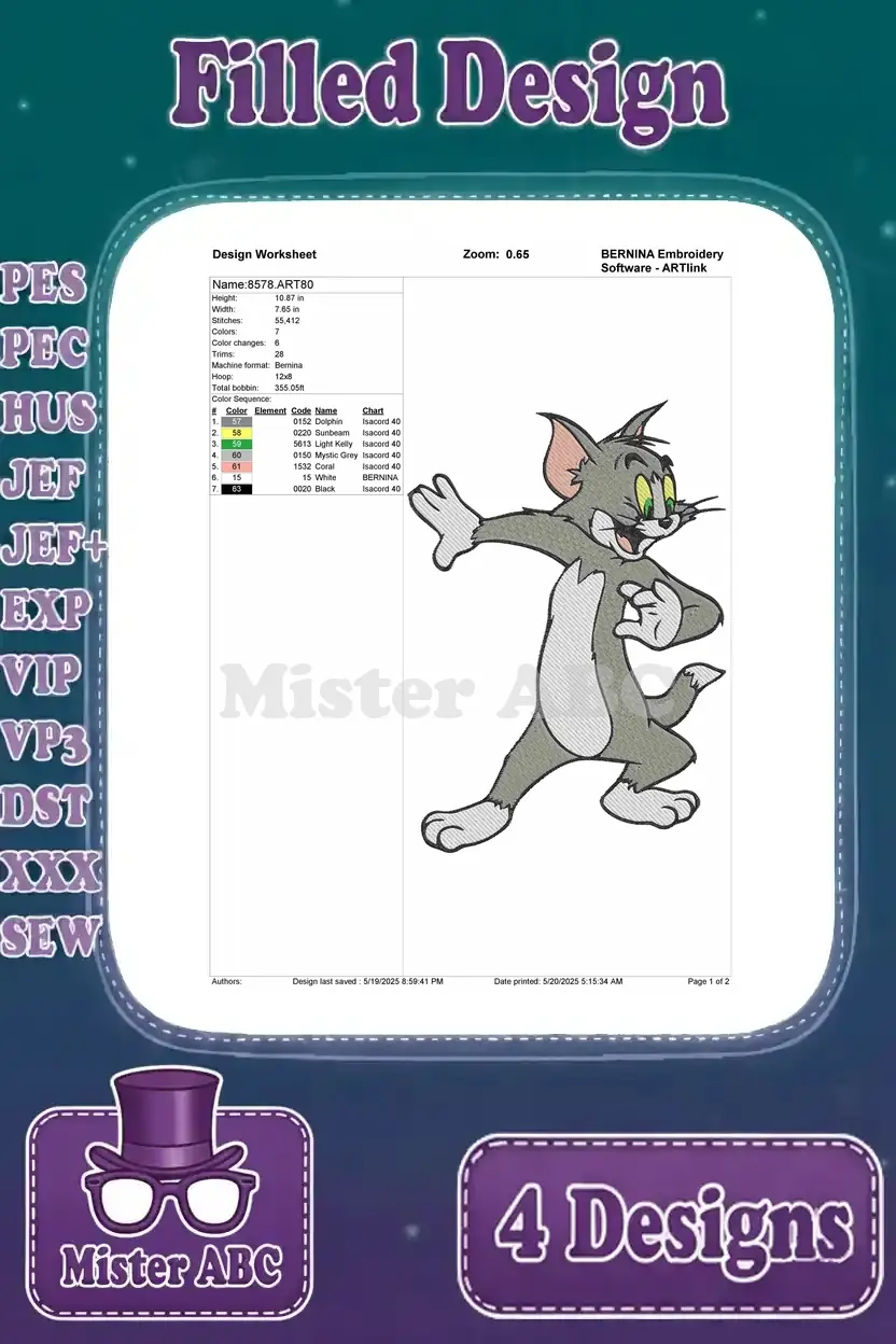 Detailed design worksheet for the Tom waving filled embroidery design, showing stitch count, color sequence, and size data.