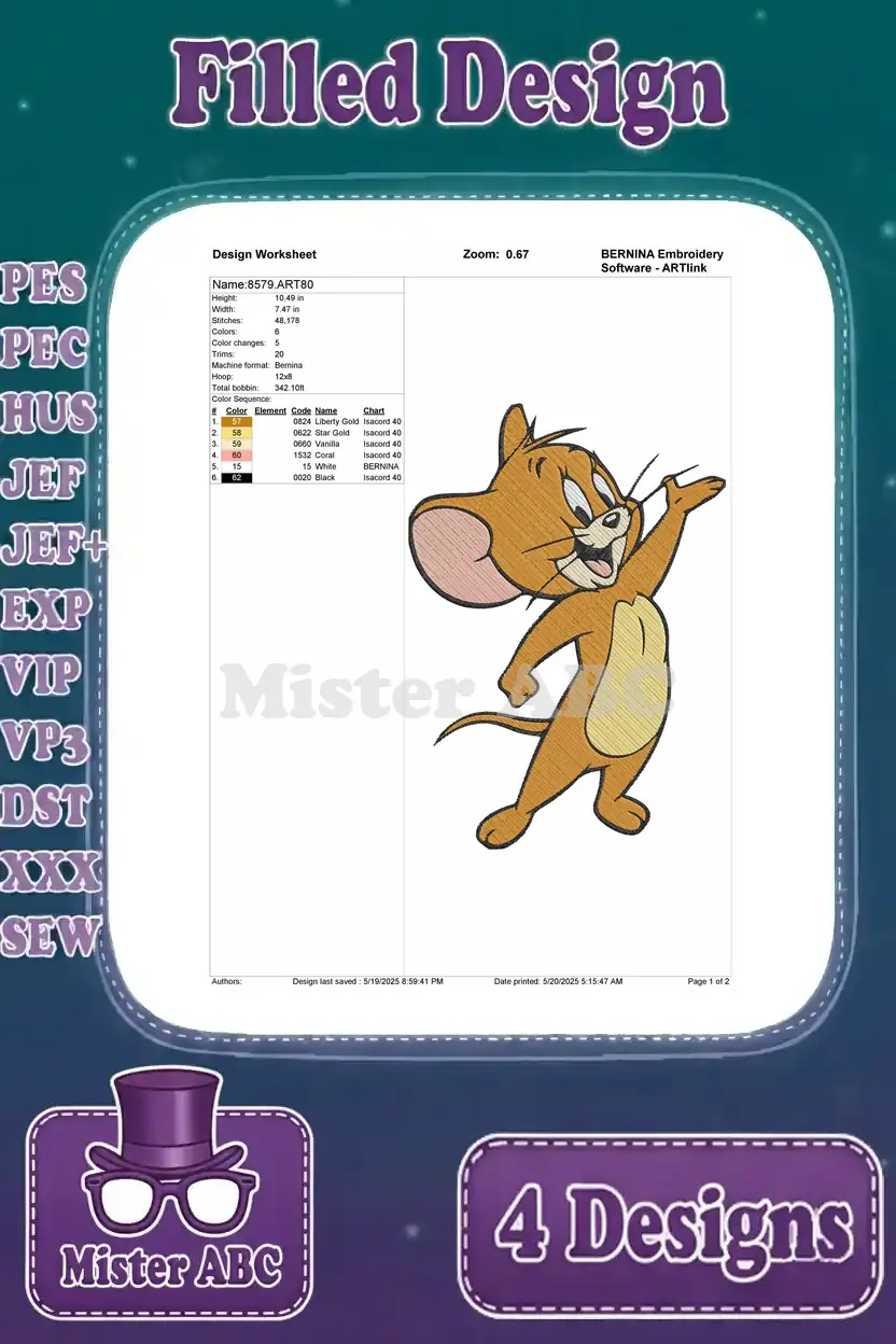 Design worksheet for the Jerry waving filled embroidery design, including stitch count, color sequence, and dimensions.
