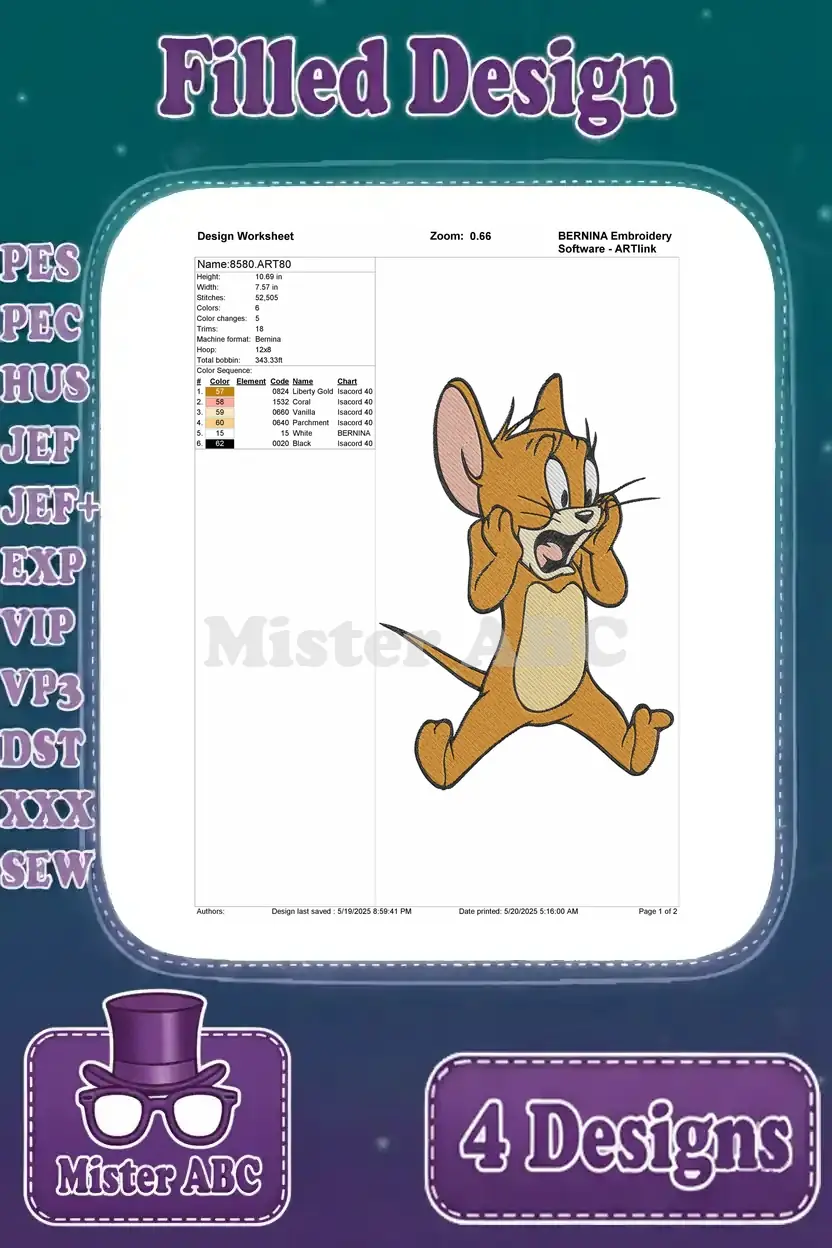 Design worksheet for the scared Jerry filled embroidery design, detailing stitch count, color sequence, and dimensions.