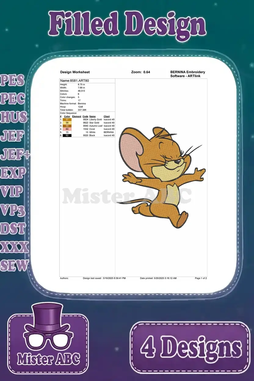 Design worksheet for the running Jerry filled embroidery design, outlining stitch count, color sequence, and size details.