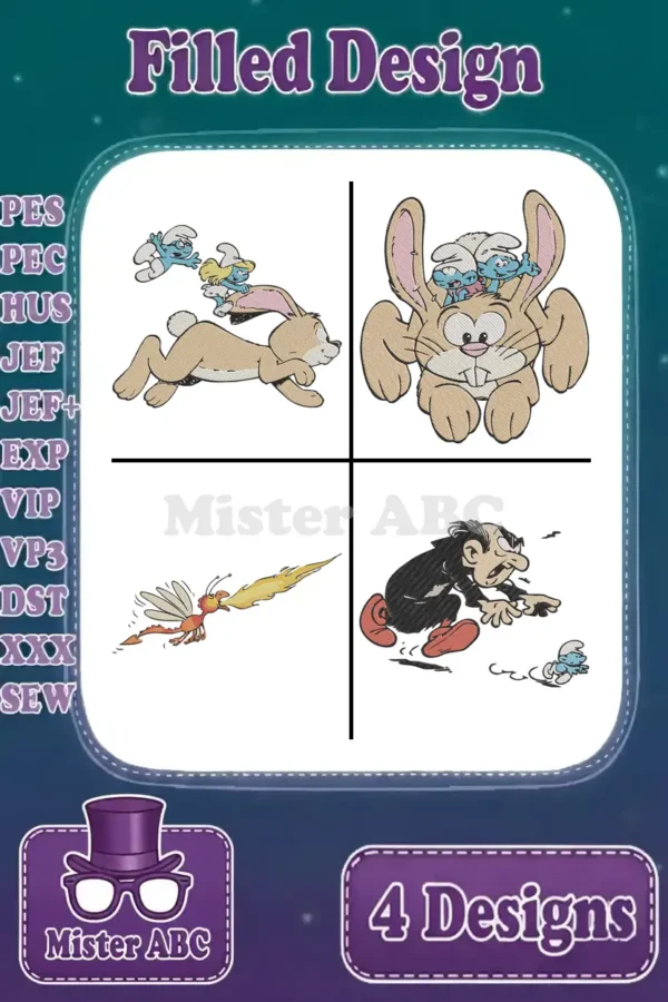 A vibrant grid showcasing four distinct filled embroidery designs: Smurfs with rabbits, a fiery creature, and Gargamel. Multiple file formats listed.