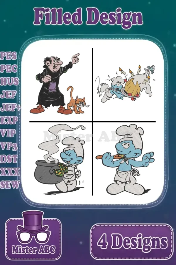 A vibrant collage of four Smurfs-themed embroidery designs, including Gargamel, Azrael, and Chef Smurf in various culinary scenes, with supported file formats listed.
