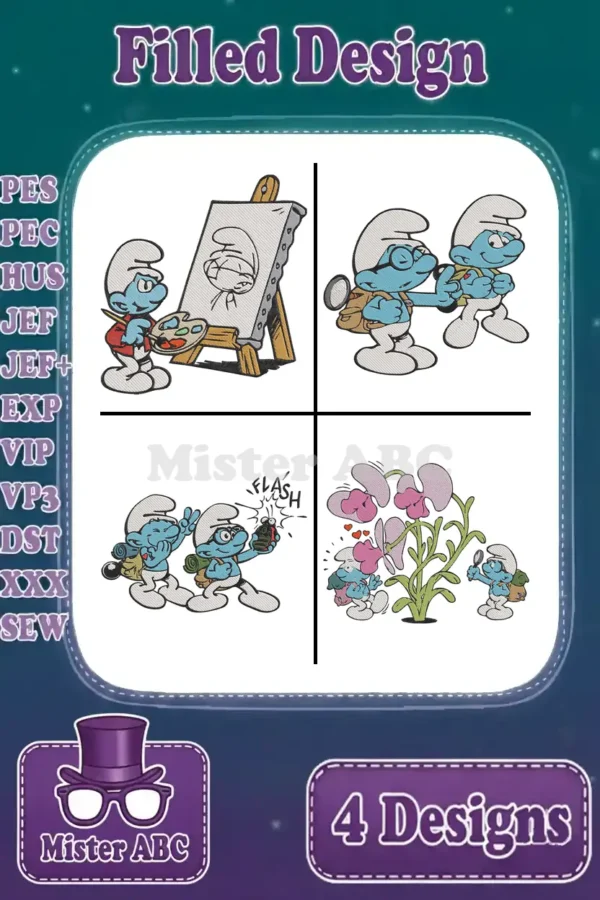 A vibrant collection of four Smurfs embroidery designs: Smurf painting, Smurf with magnifying glass, photographer Smurf, and Smurfs with flowers.