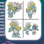 The Smurfs Smurfette With Flowers And With Papa Smurf And Hefty Smurf Character - Filled Embroidery Design - Instant Download