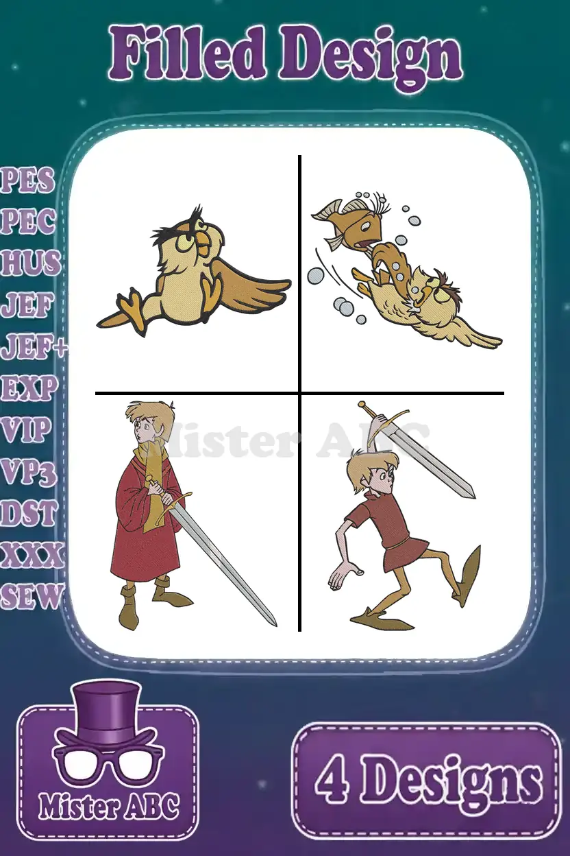 A vibrant bundle of four filled embroidery designs featuring Archimedes, Wart, and fish from The Sword in the Stone.