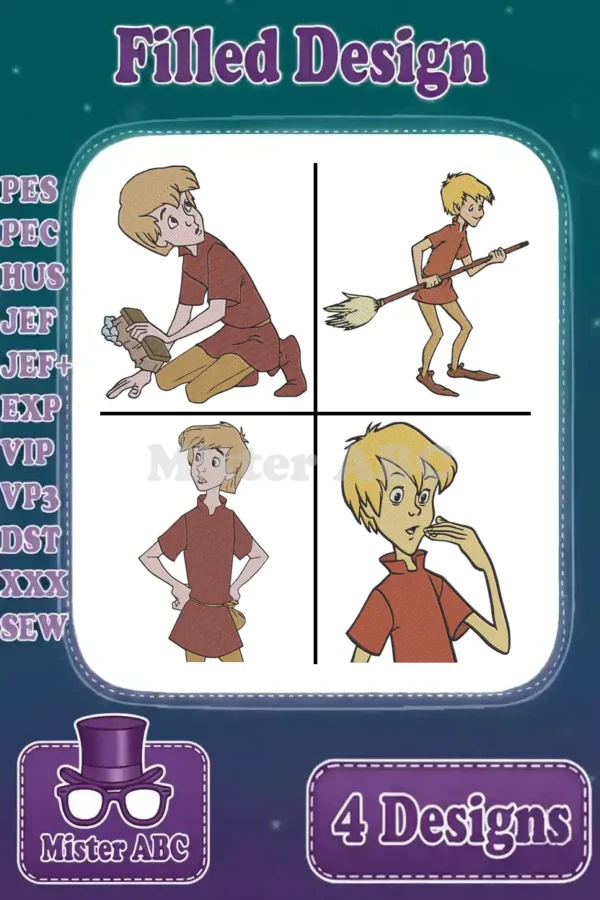 Four vibrant filled embroidery designs of Arthur from Disney's The Sword in the Stone in various charming poses.