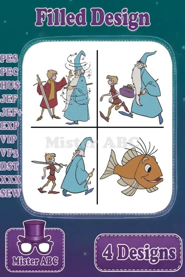 A vibrant main product image displaying four animated embroidery designs of Merlin, Arthur, and a magical fish.