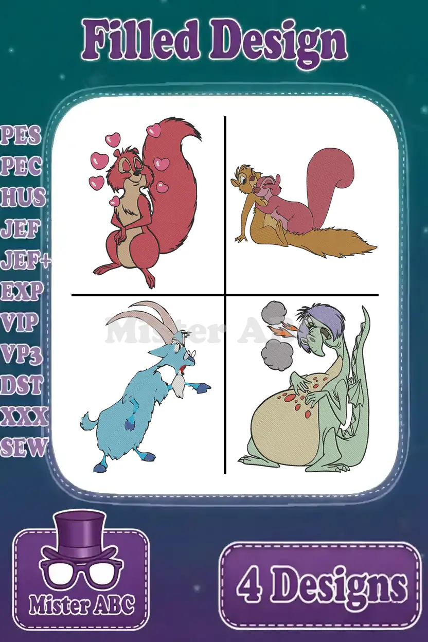 Main product image showing a bundle of four filled embroidery designs: two loving squirrels, a playful blue goat, and a green dragon breathing smoke. Supported file types are listed on the left.