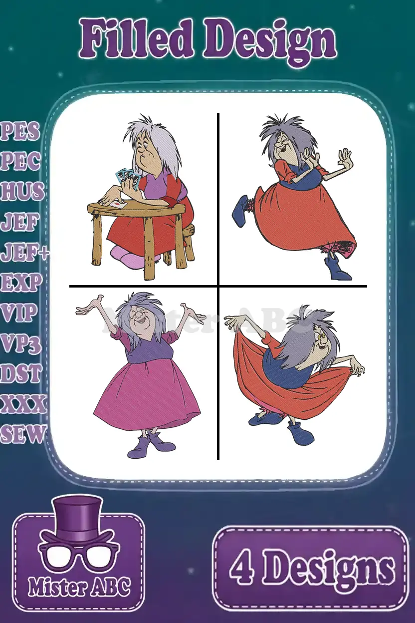 A vibrant collection of four filled embroidery designs showcasing Madame Mim in various playful and magical poses, perfect for Disney fans.