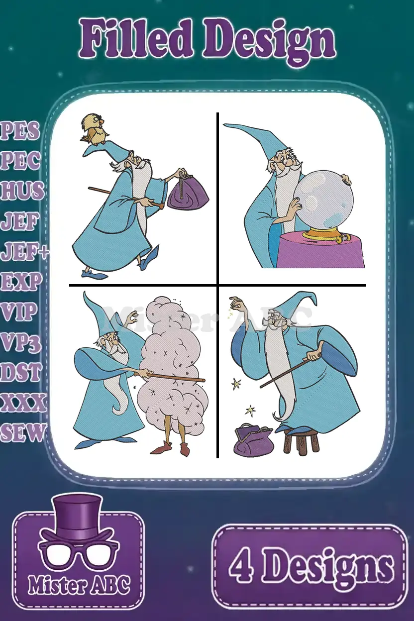 Four enchanting Merlin embroidery designs from The Sword in the Stone, showcasing various magical poses and available formats.